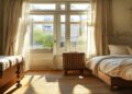 Traveler checking into a cozy boutique hotel room with luggage near a sunny window