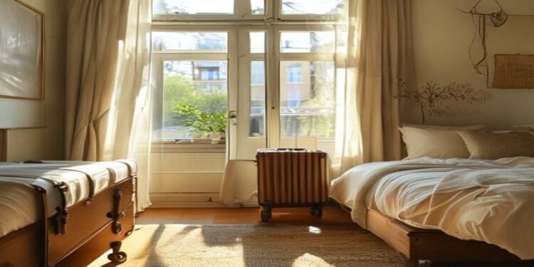 Traveler checking into a cozy boutique hotel room with luggage near a sunny window