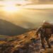 Adventure traveller hiking on a mountain trail at sunrise with a backpack