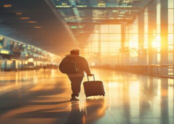 Traveler walking through a bright airport terminal with carry-on luggage before a flight