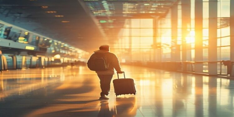 Traveler walking through a bright airport terminal with carry-on luggage before a flight