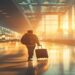 Traveler walking through a bright airport terminal with carry-on luggage before a flight
