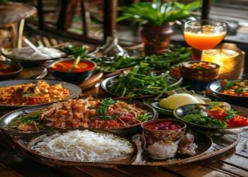 Balinese food spread with nasi campur, satay, sambal, rice, vegetables, and fresh tropical drinks on a wooden table