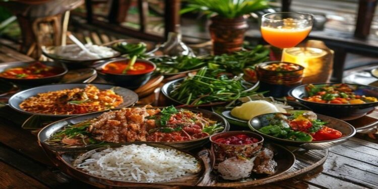 Balinese food spread with nasi campur, satay, sambal, rice, vegetables, and fresh tropical drinks on a wooden table