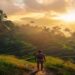 Bali rice terraces at sunrise with palm trees and a traveller looking over the landscape