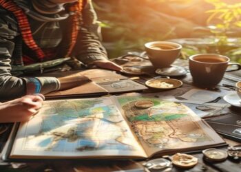 Traveller planning a budget trip with a notebook, map, coins, and coffee on a table