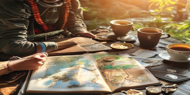 Traveller planning a budget trip with a notebook, map, coins, and coffee on a table
