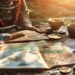 Traveller planning a budget trip with a notebook, map, coins, and coffee on a table