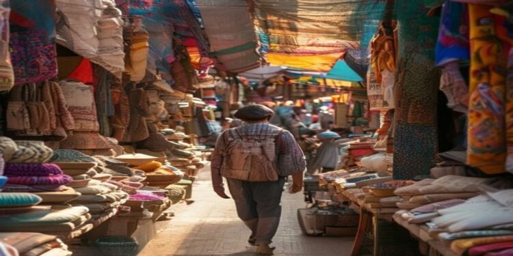 Traveler walking through a colorful local market with handmade textiles and warm afternoon light