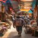 Traveler walking through a colorful local market with handmade textiles and warm afternoon light