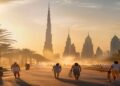 Dubai skyline at sunset with shaded summer activities and travelers near palm trees