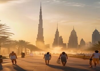Dubai skyline at sunset with shaded summer activities and travelers near palm trees