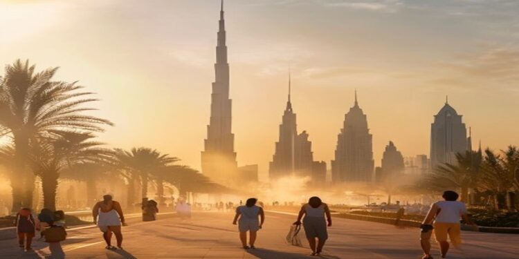 Dubai skyline at sunset with shaded summer activities and travelers near palm trees