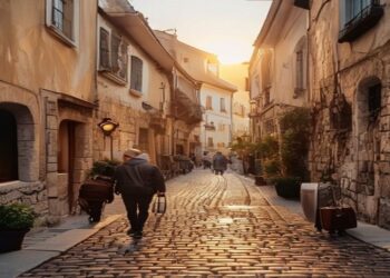European old town street with warm evening light and travellers walking near historic buildings