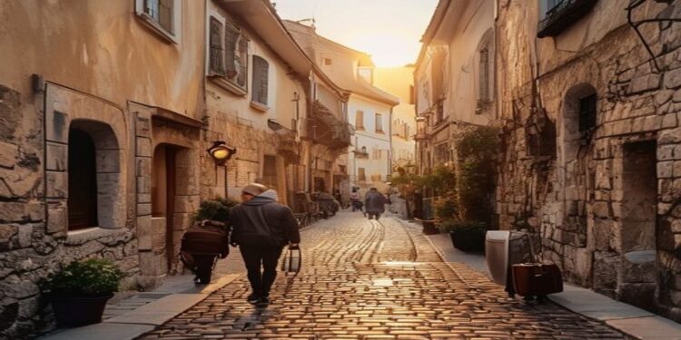 European old town street with warm evening light and travellers walking near historic buildings