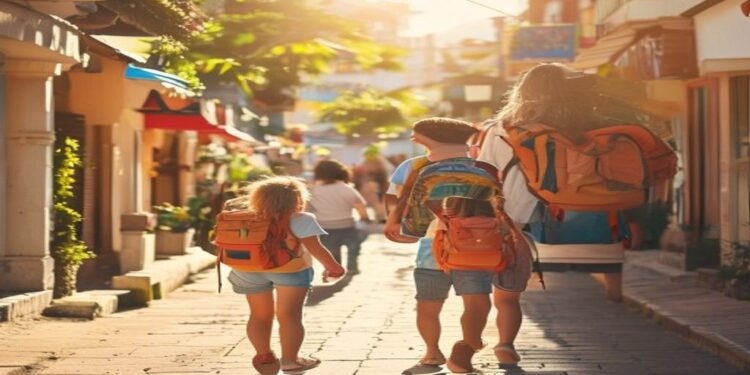 Family walking together through a sunny travel destination with backpacks and relaxed smiles