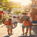 Family walking together through a sunny travel destination with backpacks and relaxed smiles