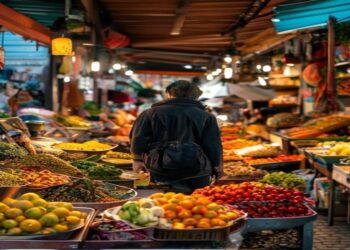 Traveller exploring a colorful local food market with fresh dishes and spices