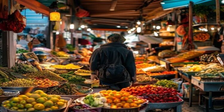 Traveller exploring a colorful local food market with fresh dishes and spices