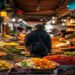 Traveller exploring a colorful local food market with fresh dishes and spices