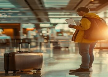 Traveler holding passport and boarding pass near a suitcase in an airport before an international trip