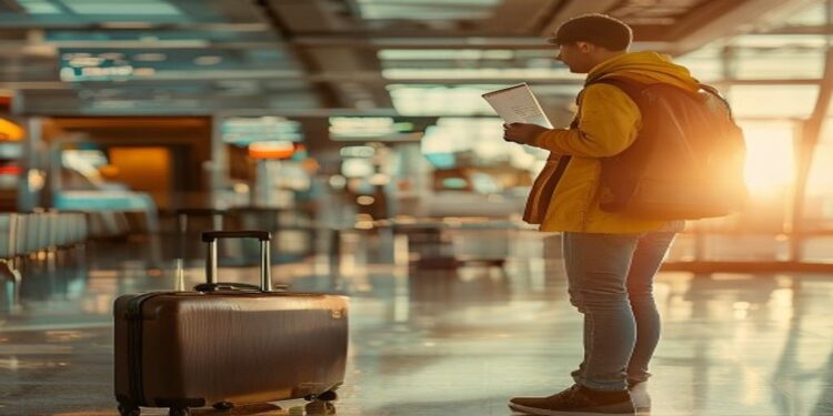 Traveler holding passport and boarding pass near a suitcase in an airport before an international trip