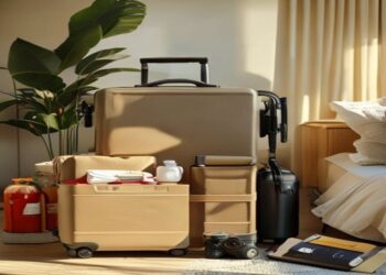Open carry-on suitcase neatly packed with clothes, toiletries, camera, passport, and travel essentials