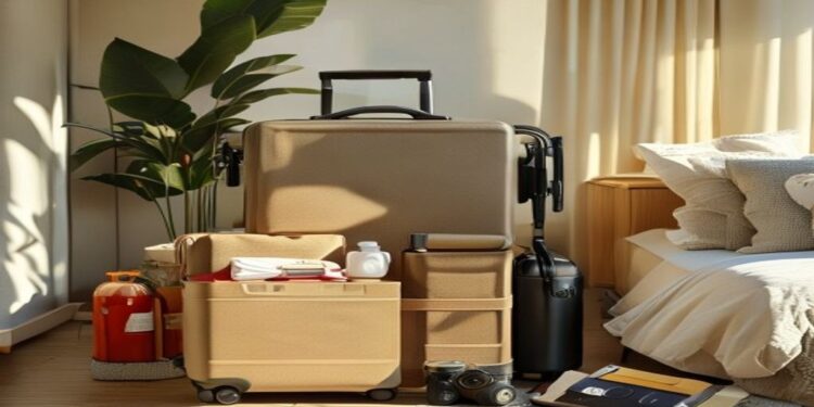 Open carry-on suitcase neatly packed with clothes, toiletries, camera, passport, and travel essentials