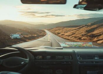 Open road through scenic hills seen from a car with a travel map and coffee on the dashboard