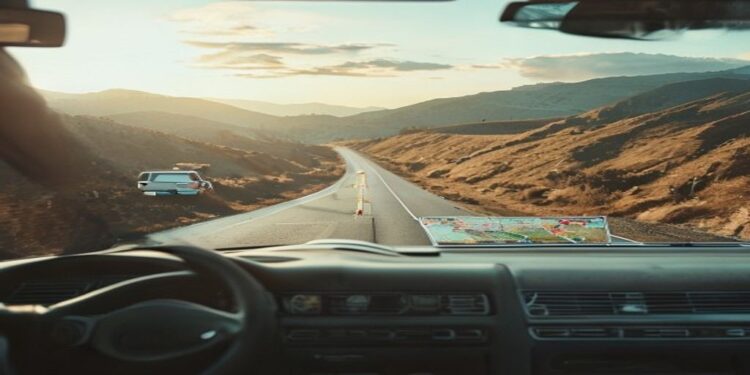 Open road through scenic hills seen from a car with a travel map and coffee on the dashboard