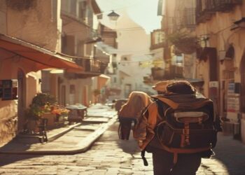 Solo traveller walking through a sunlit old town street with a small backpack