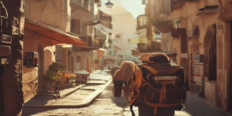 Solo traveller walking through a sunlit old town street with a small backpack