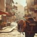 Solo traveller walking through a sunlit old town street with a small backpack