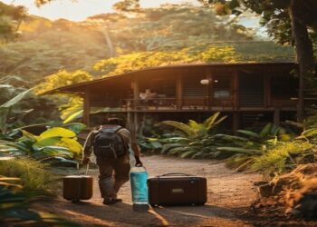 Traveler arriving at a small eco lodge surrounded by greenery with a suitcase and reusable water bottle