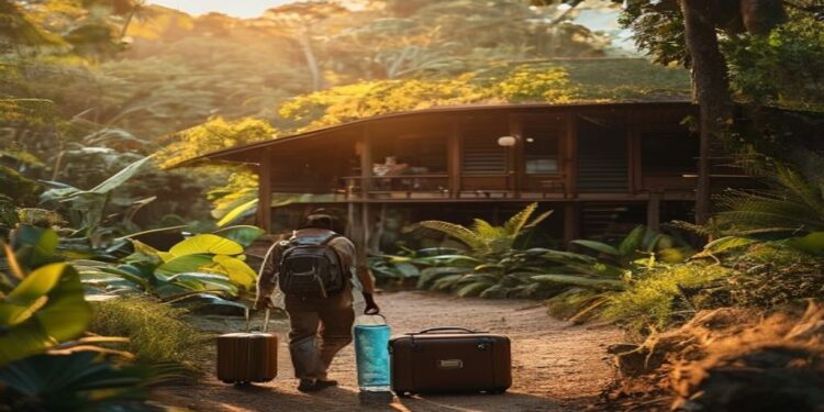 Traveler arriving at a small eco lodge surrounded by greenery with a suitcase and reusable water bottle