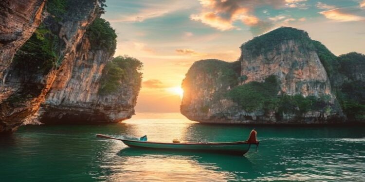 Thailand longtail boat near limestone cliffs and turquoise water at sunset