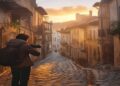Traveller holding a camera while photographing a scenic old town street at golden hour