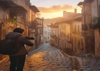 Traveller holding a camera while photographing a scenic old town street at golden hour