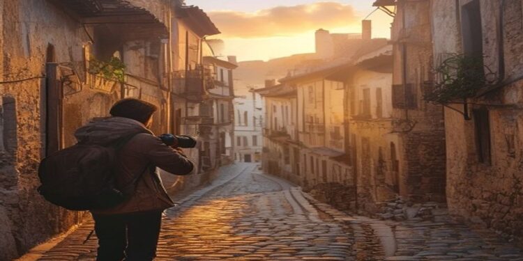 Traveller holding a camera while photographing a scenic old town street at golden hour