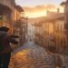 Traveller holding a camera while photographing a scenic old town street at golden hour