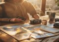 Traveller planning a trip with a map, notebook, coffee, and passport on a table