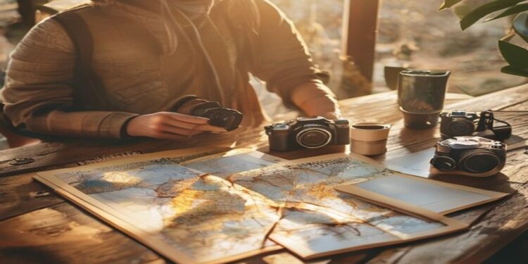 Traveller planning a trip with a map, notebook, coffee, and passport on a table