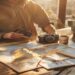 Traveller planning a trip with a map, notebook, coffee, and passport on a table