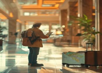 Traveler checking a city map and phone in a bright hotel lobby before going out
