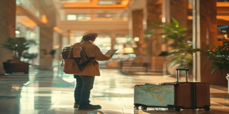 Traveler checking a city map and phone in a bright hotel lobby before going out