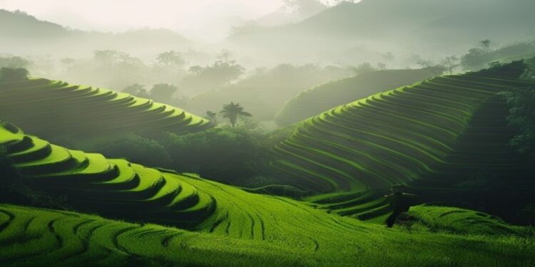 Traveler overlooking green rice terraces near Ubud Bali in soft morning light