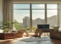 Remote worker using a laptop beside a window with luggage and travel notebook nearby